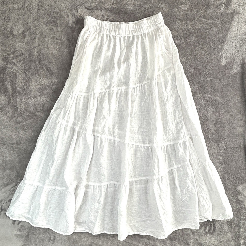 Rachel Zoe White 100% Linen Tiered Maxi Skirt Elastic Waist Pockets M - Picture 1 of 8